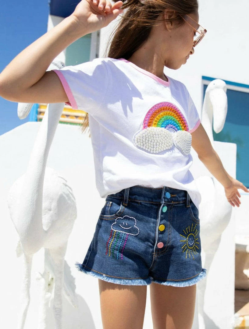 New 🌟 Lola + The Boys 👧 Girls Embroidered Rainbow Denim Shorts ✨ 3 Lola + The Boys Girls Embroidered Rainbow Denim Shorts