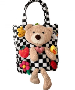 Lola + The Boys Checkered Beary Cute Plushie Tote