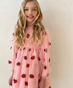 Lola & The Boys Strawberry Sheer Sleeve Dress New Arrivals