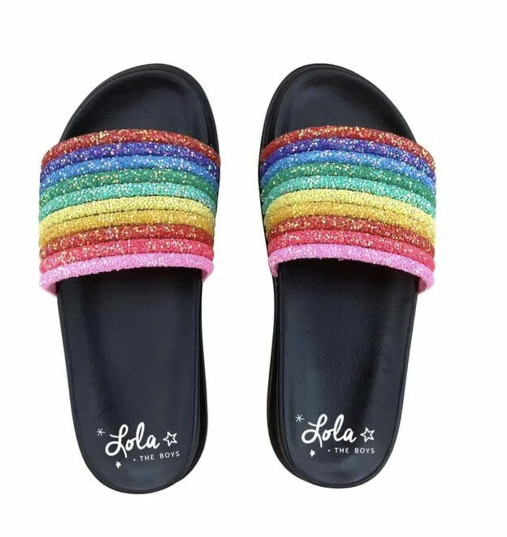 Deals ๐คฉ Lola & The Boys Black Glitter Rainbow Slides ๐ 3 Lola & The Boys Black Glitter Rainbow Slides