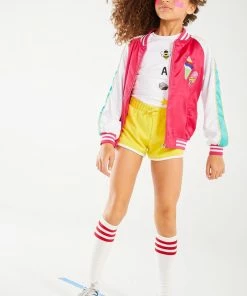 Lola & The Boys New Arrivals Girls Good Vibes Embroidered Satin Bomber