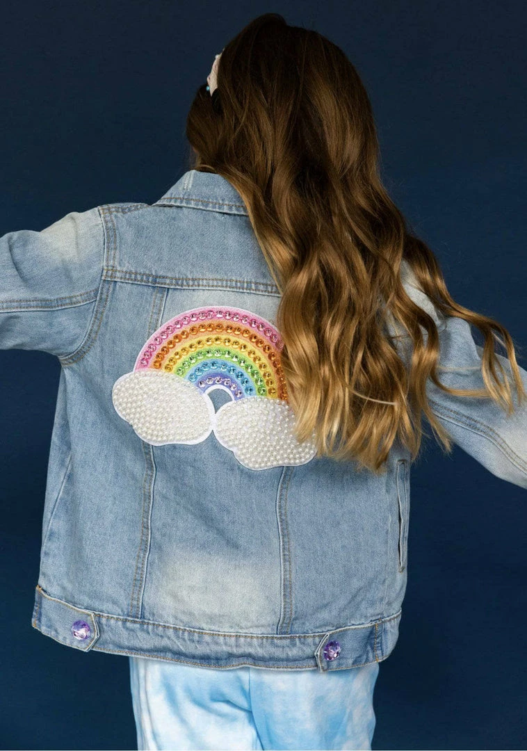 New ๐ Lola + The Boys Rainbow Pearl Denim Jacket ๐ง Girls โค๏ธ 3 Lola + The Boys Rainbow Pearl Denim Jacket Girls