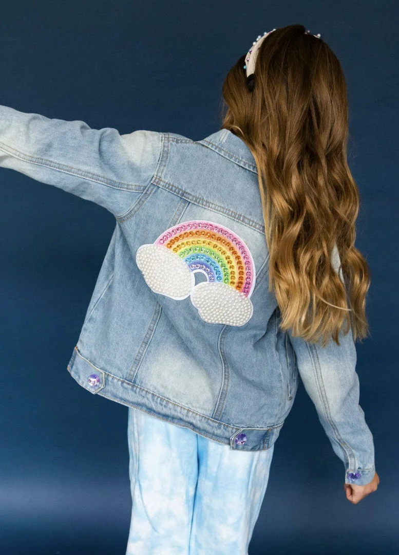 New ๐ Lola + The Boys Rainbow Pearl Denim Jacket ๐ง Girls โค๏ธ 4 Lola + The Boys Rainbow Pearl Denim Jacket Girls