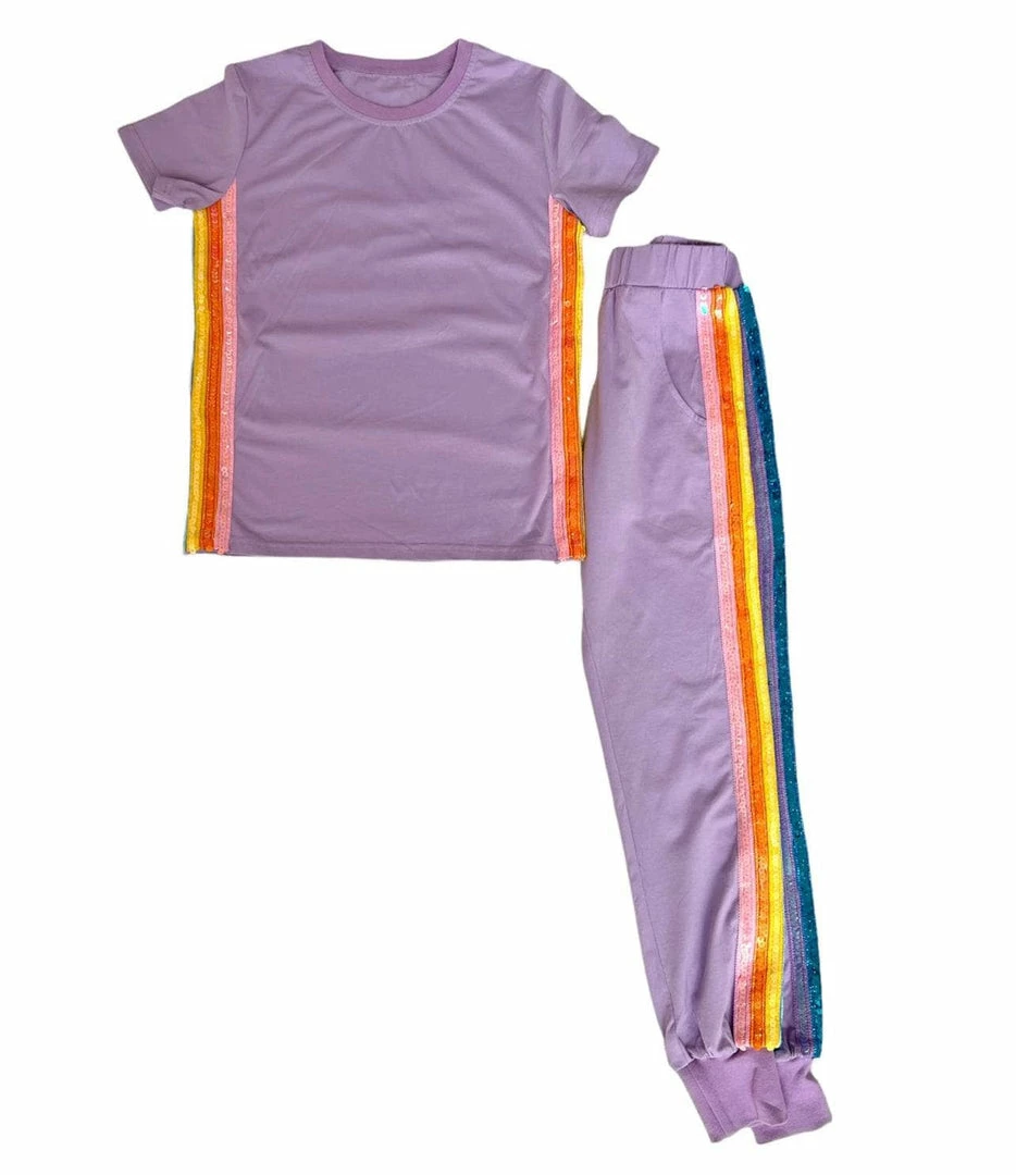 Buy ๐ Lola + The Boys New Arrivals Lavender Rainbow Sequin Jogger Set ๐ 3 Lola + The Boys New Arrivals Lavender Rainbow Sequin Jogger Set