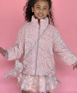 Lola + The Boys New Arrivals Pink Sequin Puffer Coat With Bunny Purse