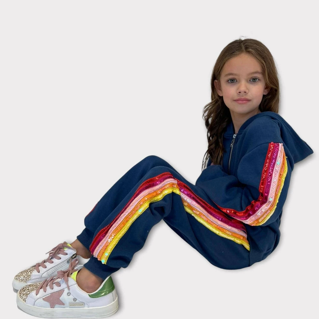 Best Pirce βοΈ Lola + The Boys π§ Girls Rainbow Sequin Navy Joggers Hoodie Set π₯ 5 Lola + The Boys Girls Rainbow Sequin Navy Joggers Hoodie Set