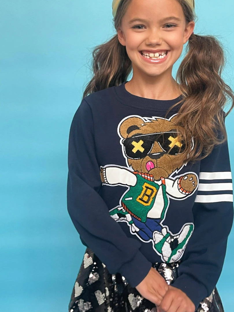 Best deal ❤️ Lola + The Boys Teddy Athletic Patch Navy Sweatshirt ✨ 6 Lola + The Boys Teddy Athletic Patch Navy Sweatshirt