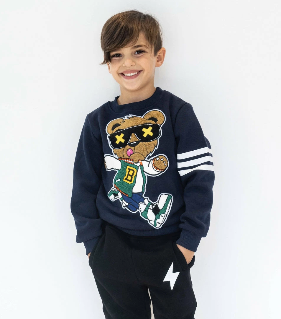 Best deal ❤️ Lola + The Boys Teddy Athletic Patch Navy Sweatshirt ✨ 3 Lola + The Boys Teddy Athletic Patch Navy Sweatshirt
