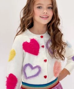 Lola + The Boys White Fuzzy Hearts Cardigan Girls