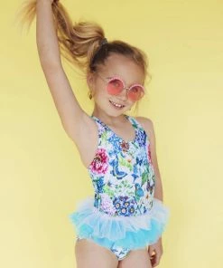 Lola + The Boys Butterfly Garden Floral And Tulle Swimsuit And Swim Cap