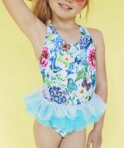 Lola + The Boys Butterfly Garden Floral And Tulle Swimsuit And Swim Cap