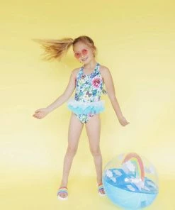Lola + The Boys Butterfly Garden Floral And Tulle Swimsuit And Swim Cap