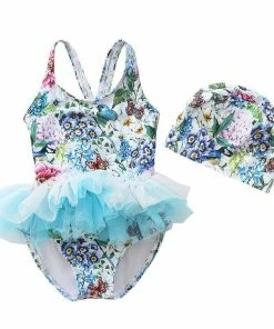 Lola + The Boys Butterfly Garden Floral And Tulle Swimsuit And Swim Cap