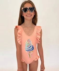Lola + The Boys Girls Ice Cream Ruffle Swimsuit Pink