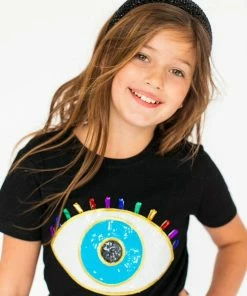 Lola + The Boys Women's Black Rainbow Evil Eye Tee