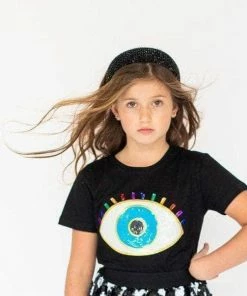 Lola + The Boys Women's Black Rainbow Evil Eye Tee